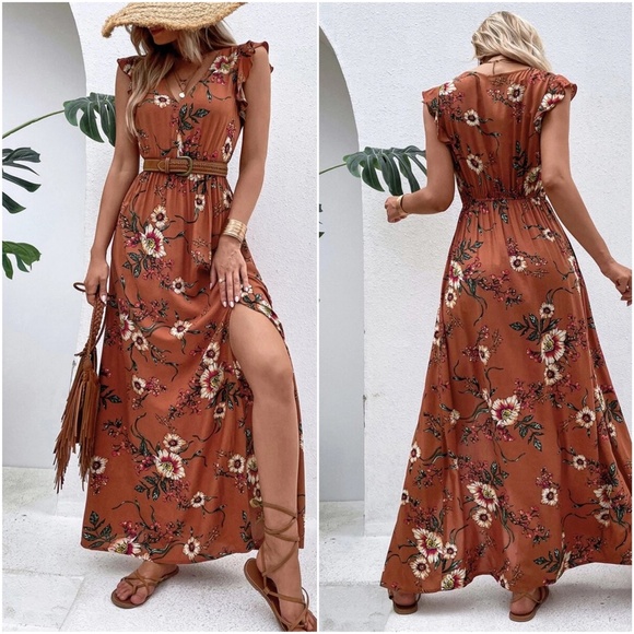 Boho Floral Print Butterly Sleeve Maxi Dress Cottagecore - Picture 5 of 9